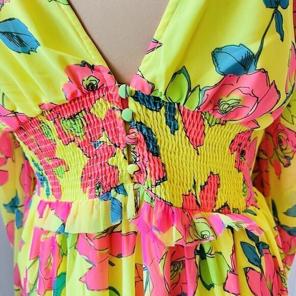 ASOS Design Sz 8 UK12 Soft Shirred Waist Open Back Maxi Dress Yellow Pink Floral - Picture 5 of 16